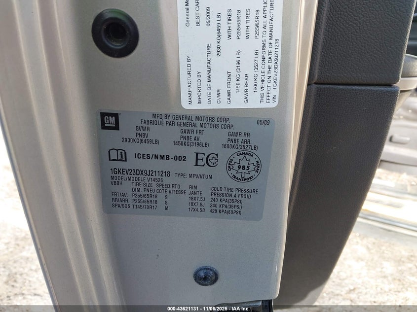 2009 GMC Acadia Slt-1/Slt-2 VIN: 1GKEV23DX9J211218 Lot: 43621131