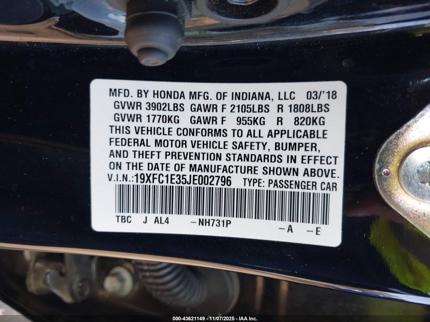 19XFC1E35JE002796 2018 HONDA CIVIC photo no. 9