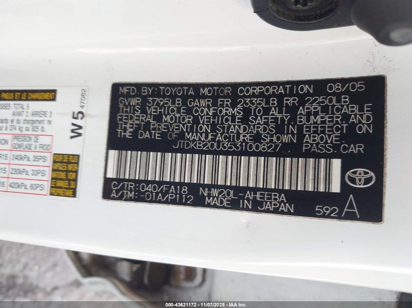 2005 Toyota Prius VIN: JTDKB20U353100827 Lot: 43621172