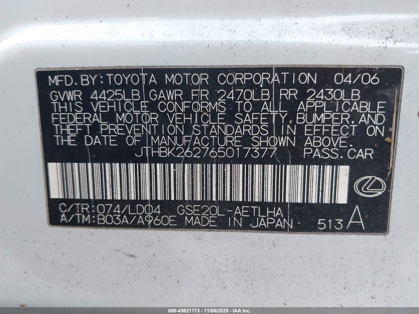 2006 Lexus Is 250 VIN: JTHBK262765017377 Lot: 43621173