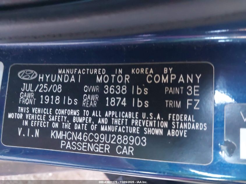 2009 Hyundai Accent Gls VIN: KMHCN46C99U288903 Lot: 43621175