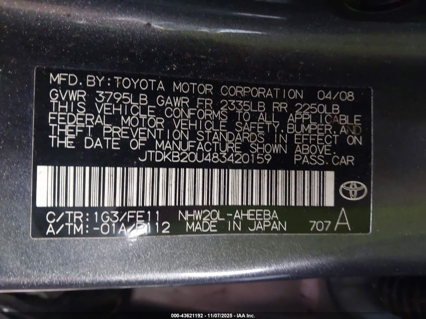 2008 Toyota Prius Touring VIN: JTDKB20U483420159 Lot: 43621192