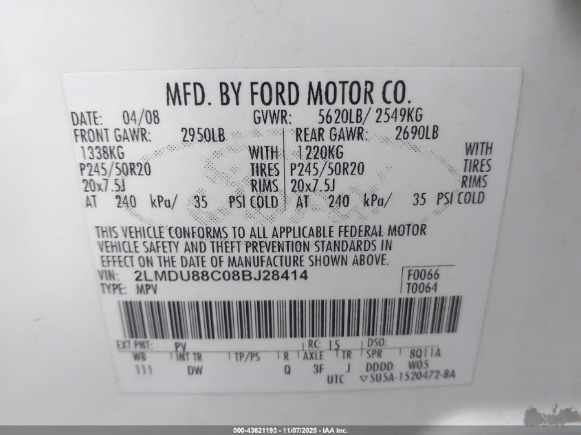 2008 Lincoln Mkx VIN: 2LMDU88C08BJ28414 Lot: 43621193