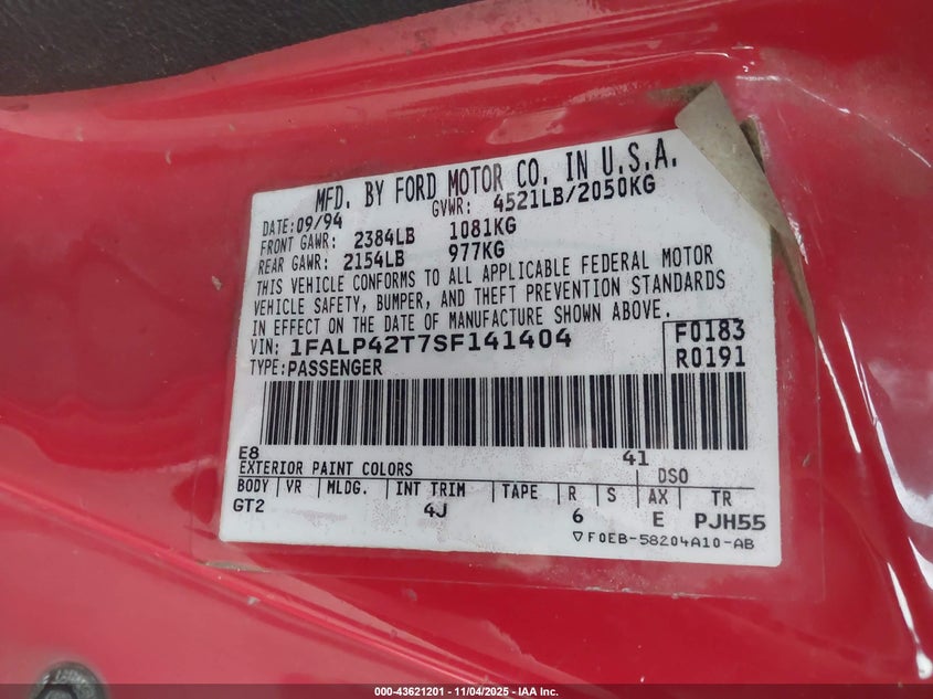1995 Ford Mustang Gt/Gts VIN: 1FALP42T7SF141404 Lot: 43621201