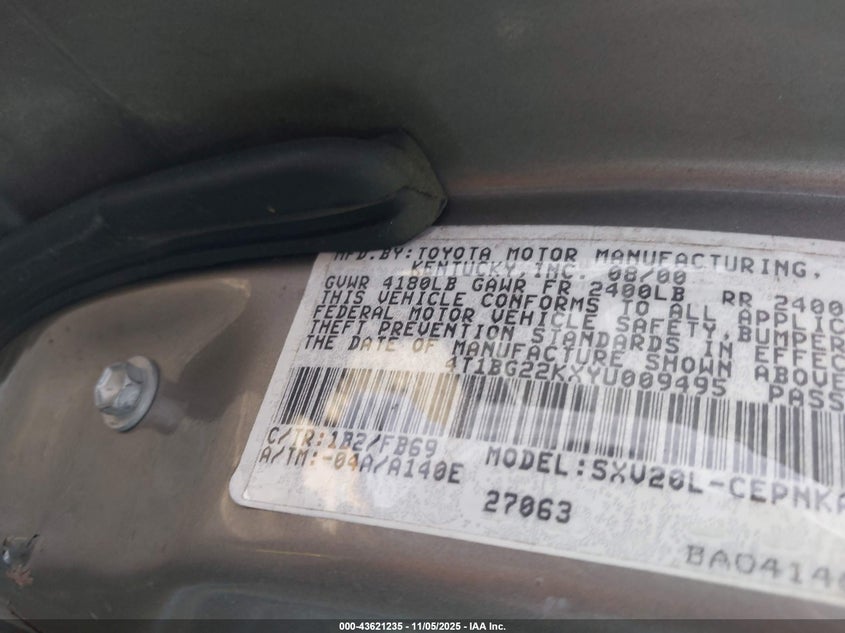 4T1BG22KXYU009495 2000 TOYOTA CAMRY photo no. 9