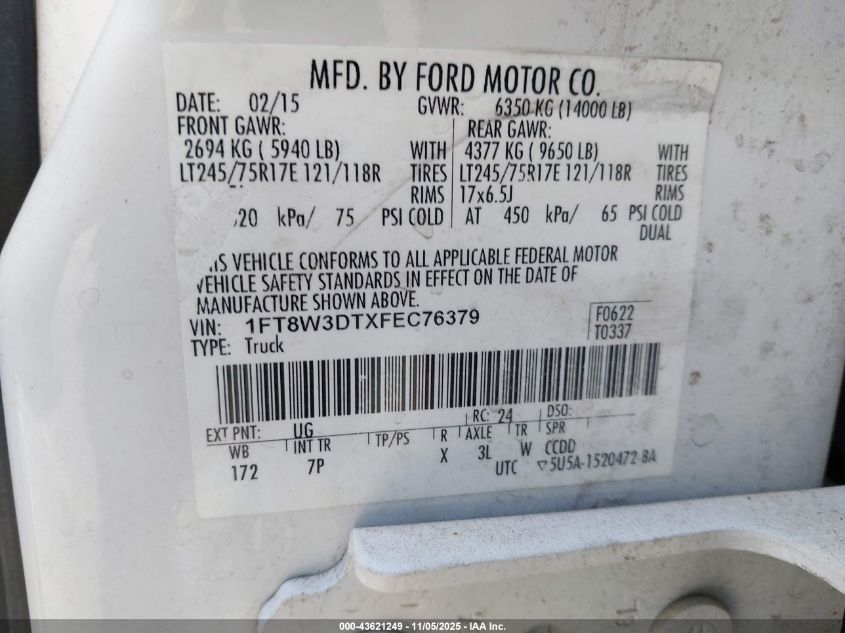 2015 Ford F-350 Lariat VIN: 1FT8W3DTXFEC76379 Lot: 43621249