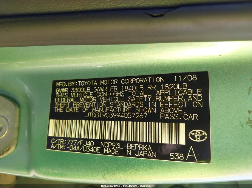 JTDBT903994057267 2009 TOYOTA YARIS photo no. 9