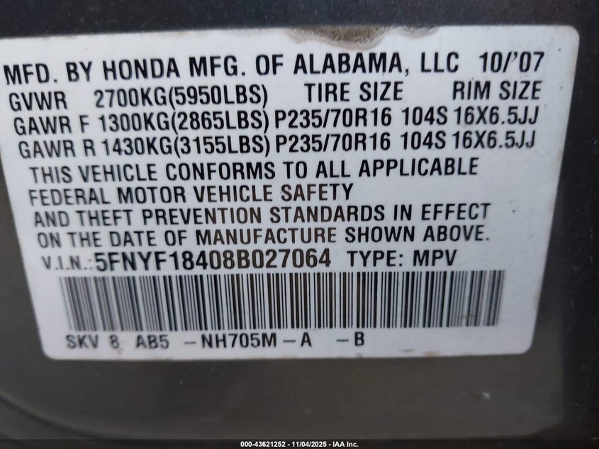 5FNYF18408B027064 2008 HONDA PILOT photo no. 9