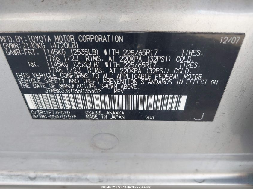 2008 Toyota Rav4 Base V6 VIN: JTMBK33V086035402 Lot: 43621272