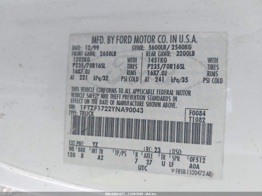 2000 Ford F-150 Work Series/Xl/Xlt VIN: 1FTZF1722YNA90043 Lot: 43621277