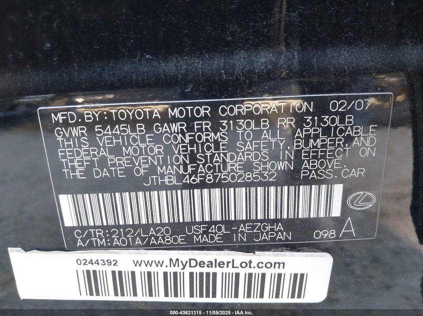 JTHBL46F875028532 2007 LEXUS LS photo no. 9