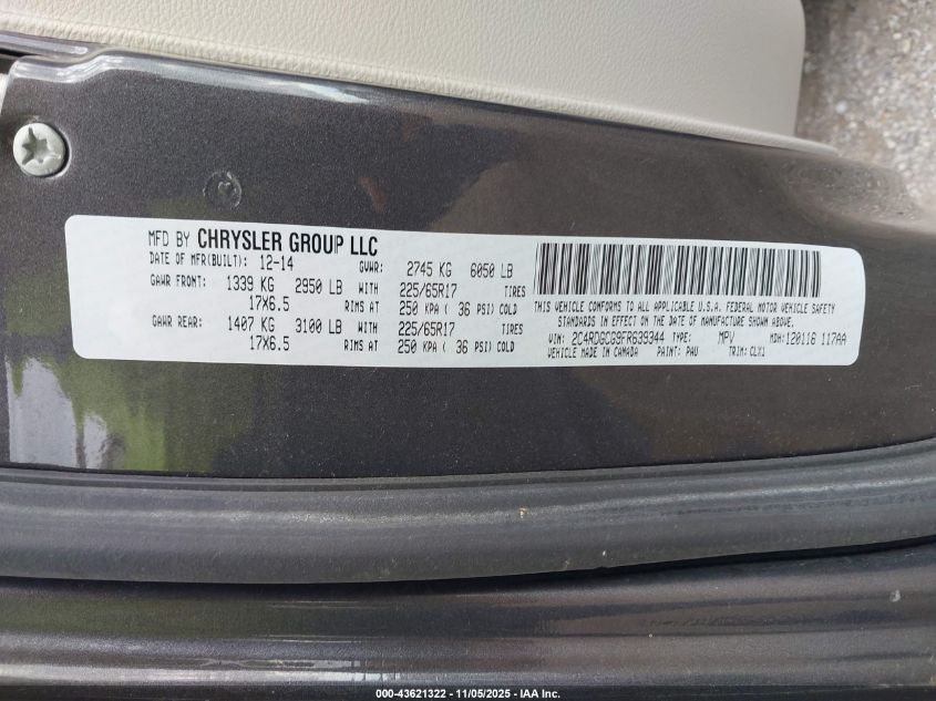 2015 Dodge Grand Caravan Sxt Plus VIN: 2C4RDGCG9FR639344 Lot: 43621322