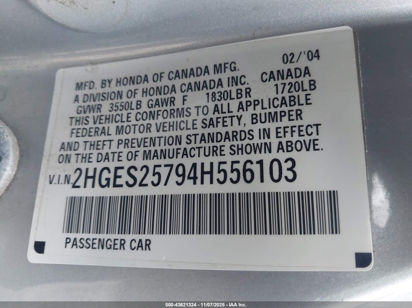 2004 Honda Civic Ex VIN: 2HGES25794H556103 Lot: 43621324