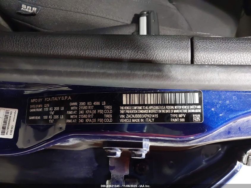 2019 Jeep Renegade Latitude 4X4 VIN: ZACNJBBB3KPK01415 Lot: 43621345