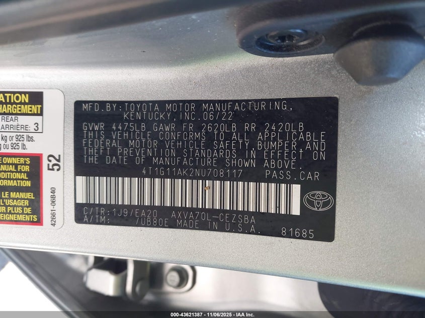 2022 TOYOTA CAMRY SE - 4T1G11AK2NU708117