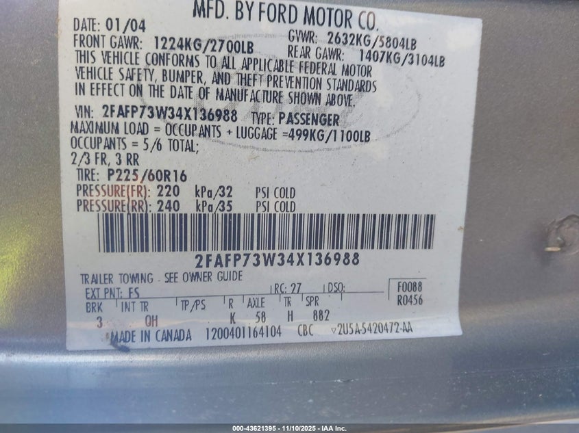 2004 Ford Crown Victoria Standard VIN: 2FAFP73W34X136988 Lot: 43621395