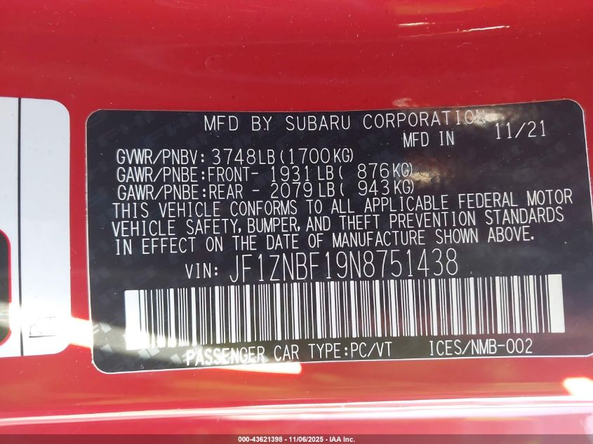 2022 Toyota Gr86 Premium VIN: JF1ZNBF19N8751438 Lot: 43621398