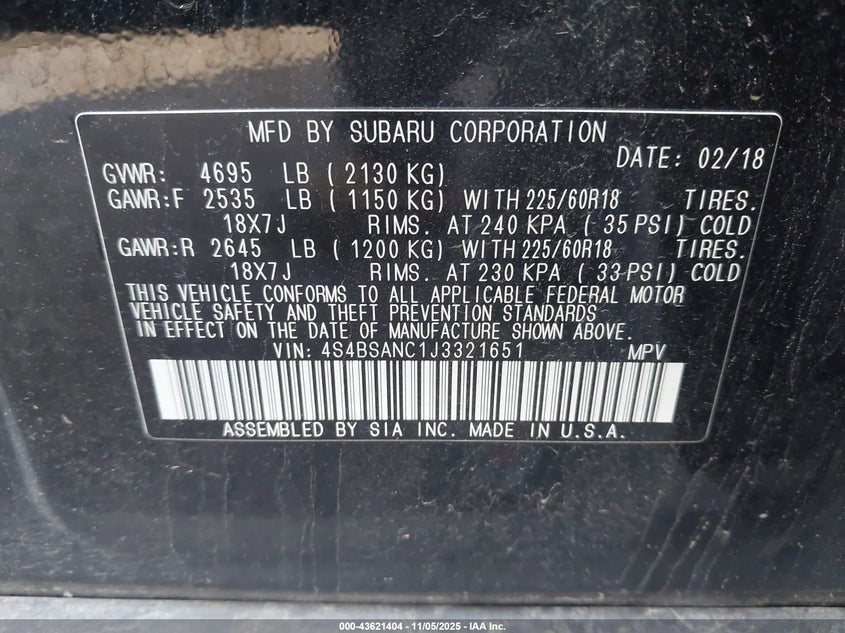 2018 SUBARU OUTBACK 2.5I LIMITED 4S4BSANC1J3321651