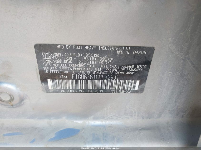 2008 Subaru Impreza Outback Sport VIN: JF1GH63618H832931 Lot: 43621447