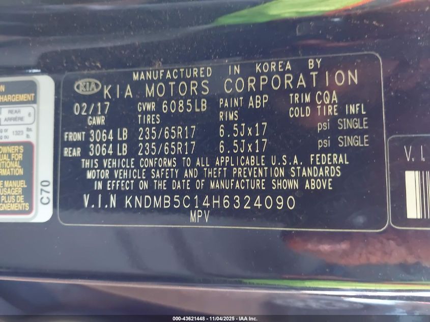 2017 Kia Sedona Lx VIN: KNDMB5C14H6324090 Lot: 43621448