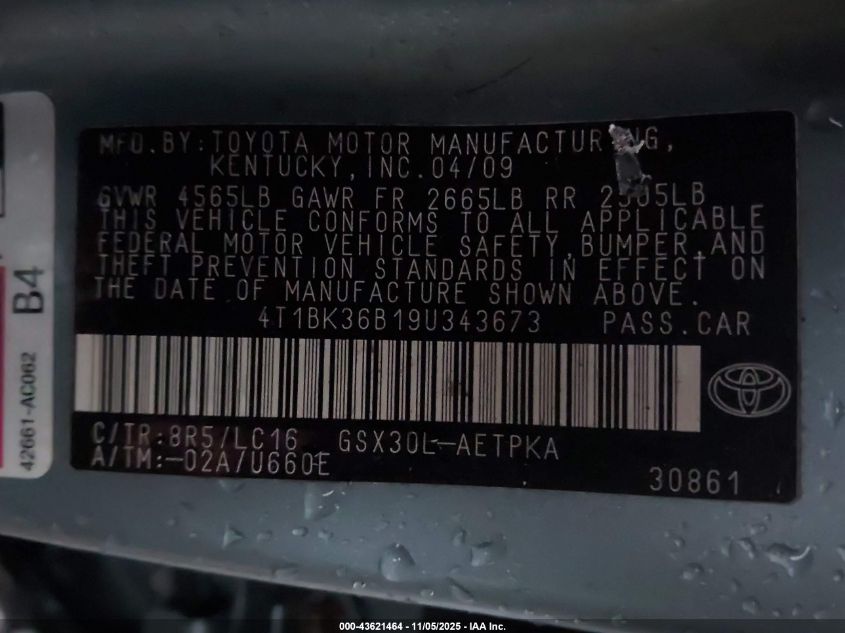 2009 Toyota Avalon Limited VIN: 4T1BK36B19U343673 Lot: 43621464