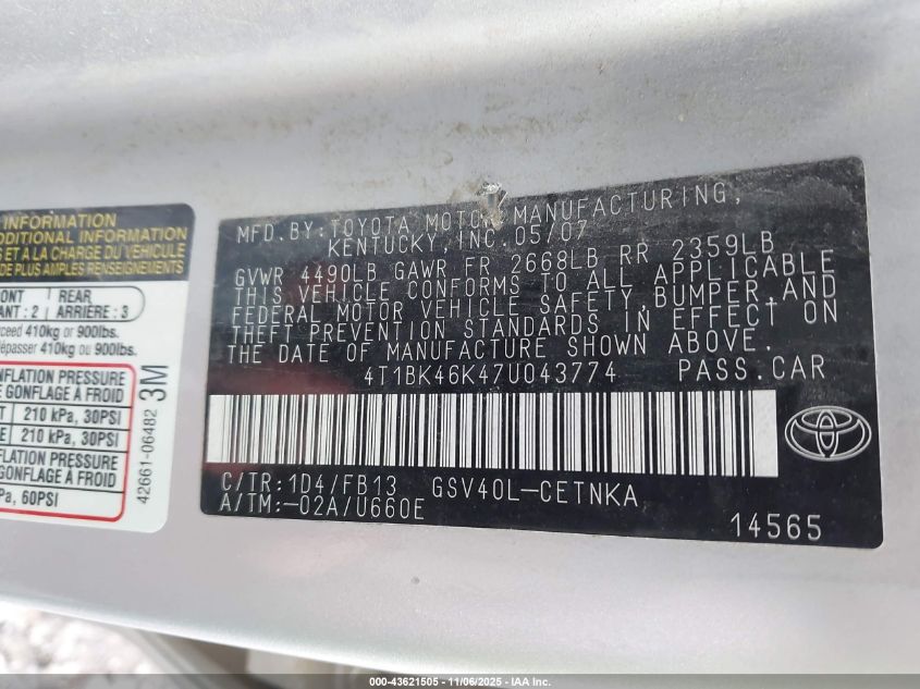 2007 Toyota Camry Le V6 VIN: 4T1BK46K47U043774 Lot: 43621505