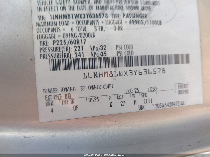 2003 Lincoln Town Car Executive VIN: 1LNHM81WX3Y636578 Lot: 43621509