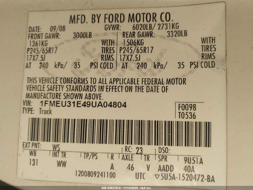 2009 Ford Explorer Sport Trac Xlt VIN: 1FMEU31E49UA04804 Lot: 43621514