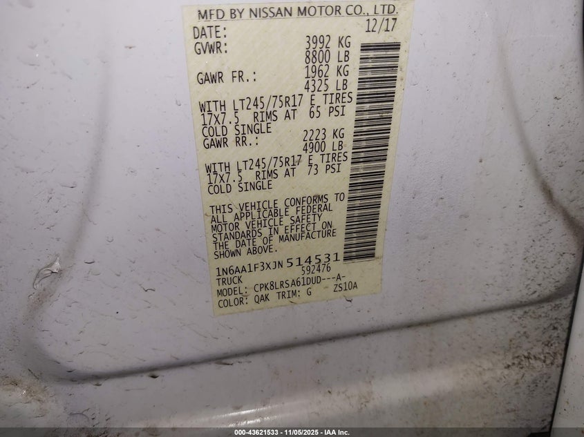 2018 NISSAN TITAN XD S GAS 1N6AA1F3XJN514531