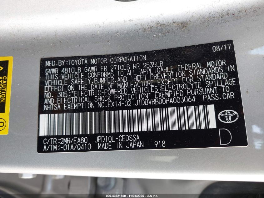 2017 Toyota Mirai VIN: JTDBVRBD0HA003064 Lot: 43990836