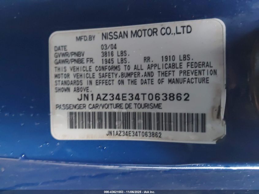 2004 Nissan 350Z Enthusiast VIN: JN1AZ34E34T063862 Lot: 43621553