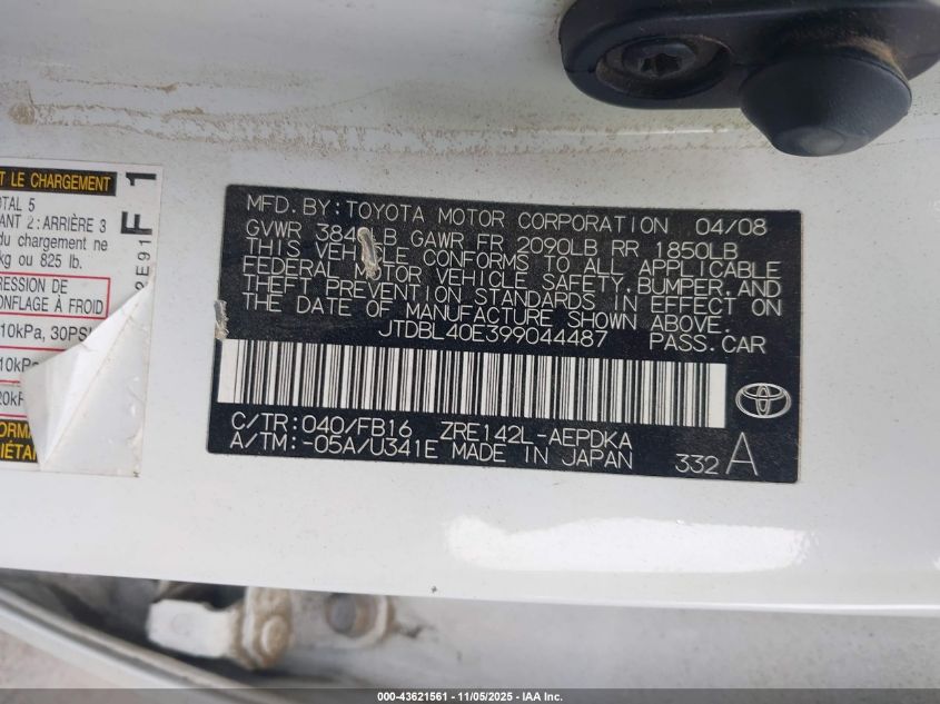 2009 Toyota Corolla VIN: JTDBL40E399044487 Lot: 43621561