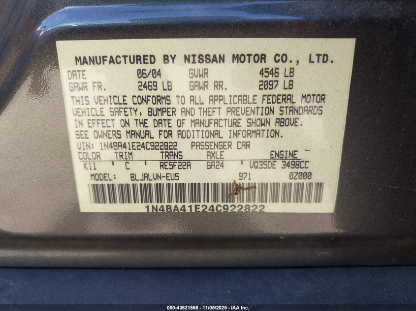 2004 Nissan Maxima 3.5 Sl VIN: 1N4BA41E24C922822 Lot: 43621566