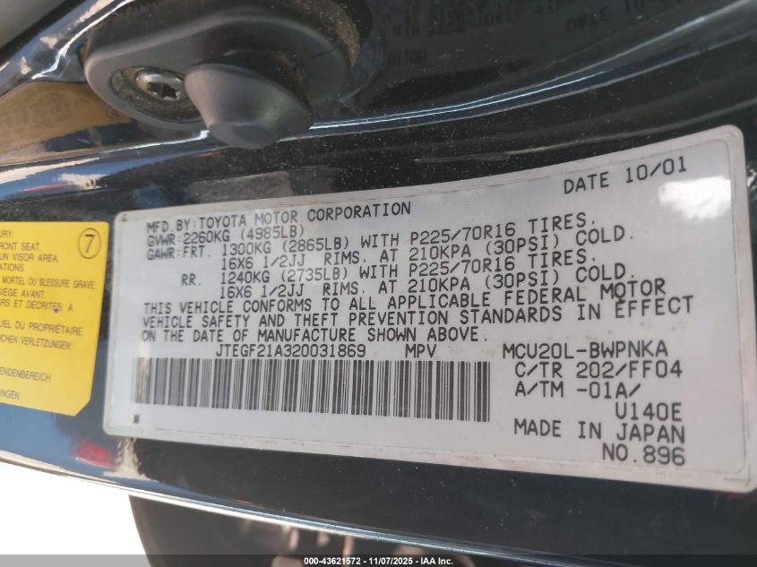 2002 Toyota Highlander Limited V6 VIN: JTEGF21A320031869 Lot: 43621572