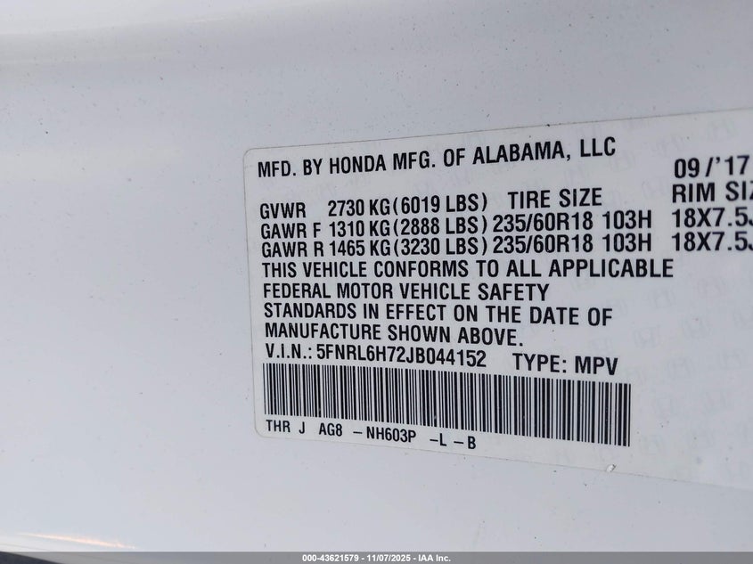 2018 HONDA ODYSSEY EX-L 5FNRL6H72JB044152