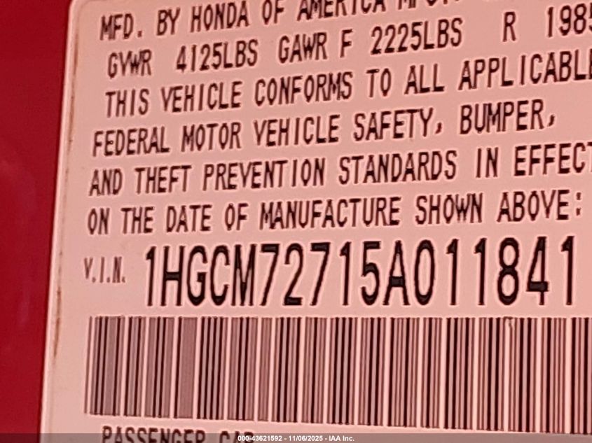 2005 Honda Accord 2.4 Ex VIN: 1HGCM72715A011841 Lot: 43621592