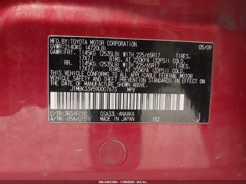 2009 Toyota Rav4 Base V6 VIN: JTMBK33V59D007673 Lot: 43621594