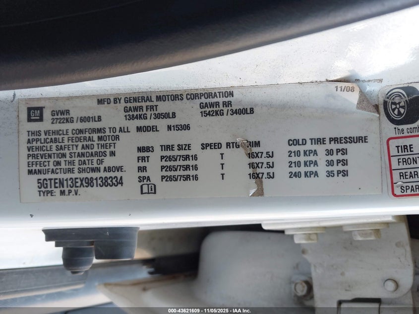 2009 Hummer H3 Suv VIN: 5GTEN13EX98138334 Lot: 43621609