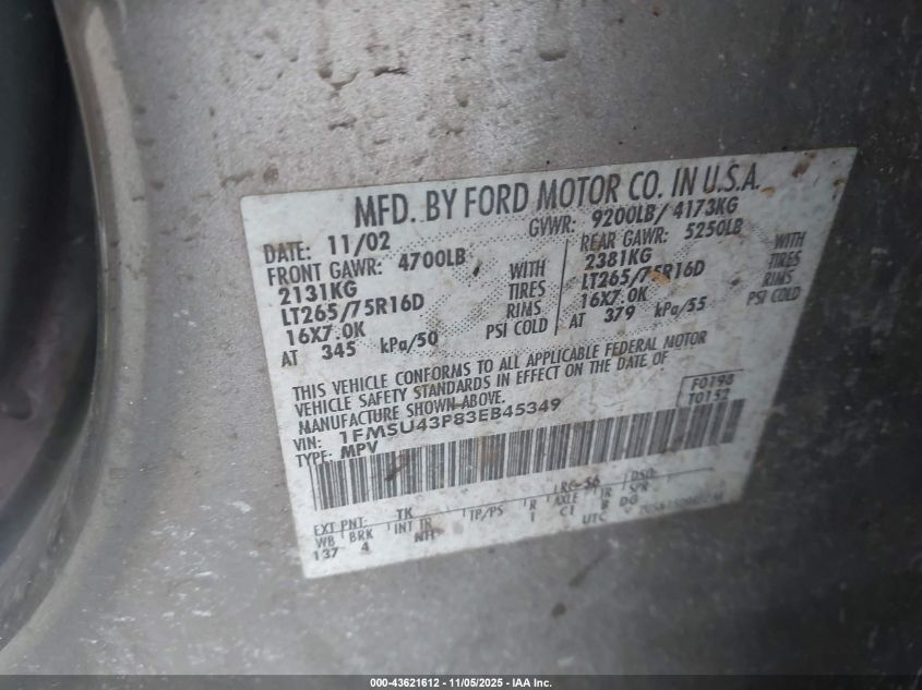 2003 Ford Excursion Limited VIN: 1FMSU43P83EB45349 Lot: 43621612