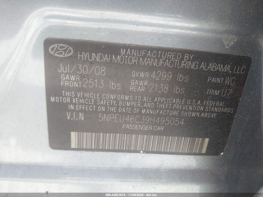 2009 Hyundai Sonata Limited VIN: 5NPEU46C39H495054 Lot: 43621615