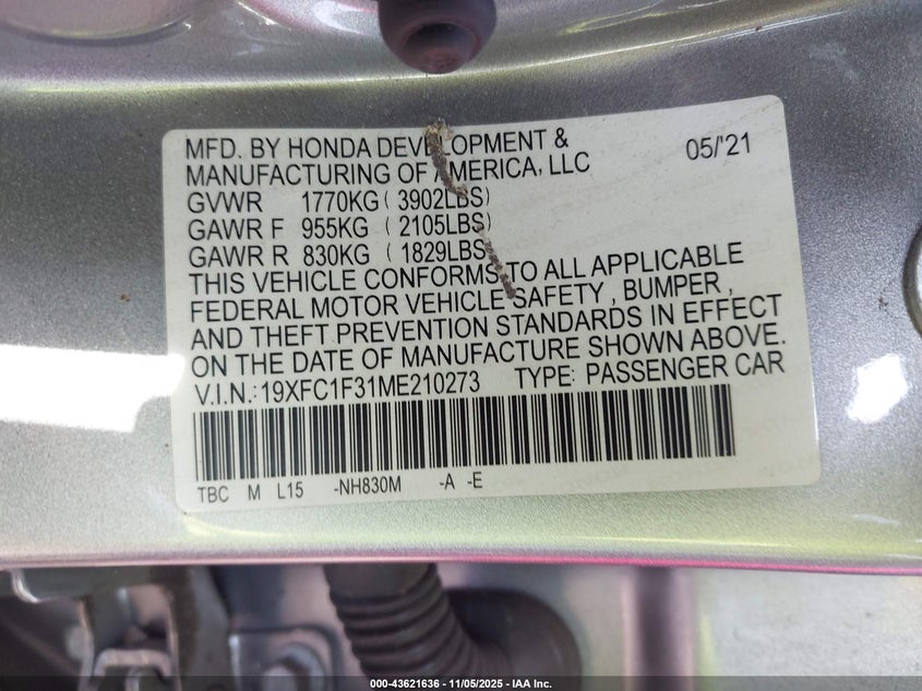 19XFC1F31ME210273 2021 HONDA CIVIC photo no. 9