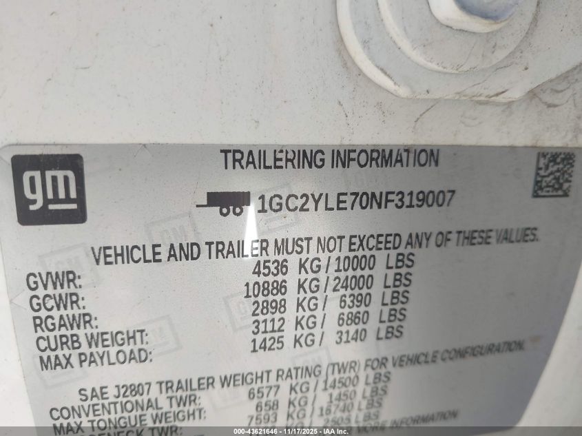 2022 Chevrolet Silverado 2500Hd 4Wd Standard Bed Wt VIN: 1GC2YLE70NF319007 Lot: 43621646