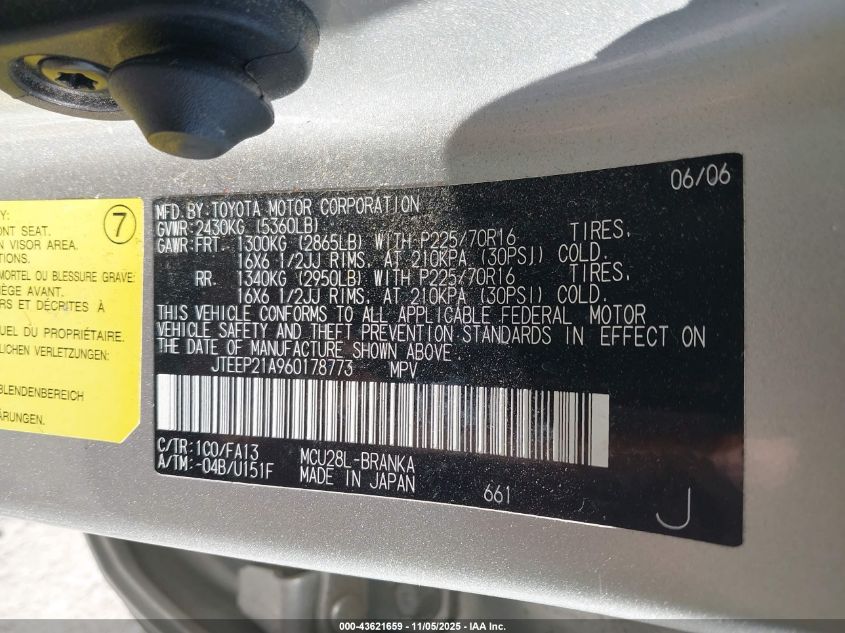 2006 Toyota Highlander V6 VIN: JTEEP21A960178773 Lot: 43621659