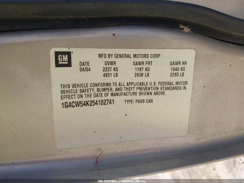 2005 Buick Park Avenue VIN: 1G4CW54K254102741 Lot: 43621685