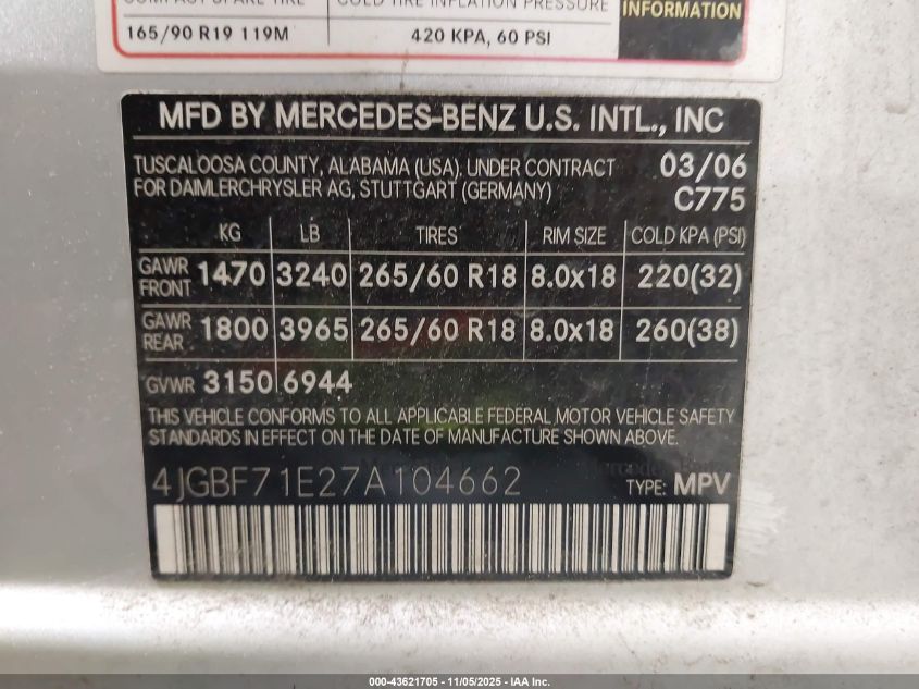 2007 Mercedes-Benz Gl 450 4Matic VIN: 4JGBF71E27A104662 Lot: 43621705