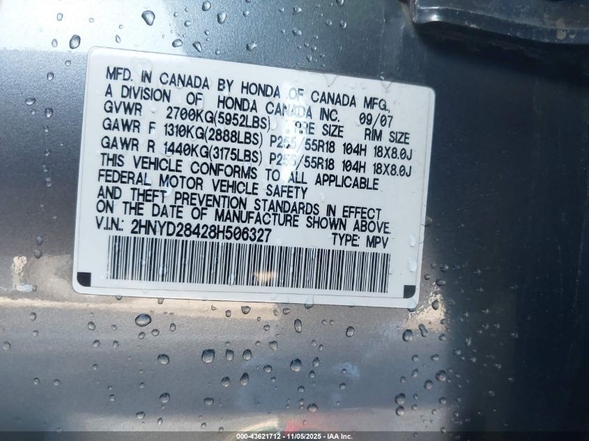 2008 Acura Mdx Technology Package VIN: 2HNYD28428H506327 Lot: 43621712