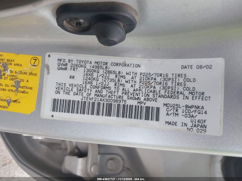 2003 Toyota Highlander V6 VIN: JTEHF21AX30098975 Lot: 43621727