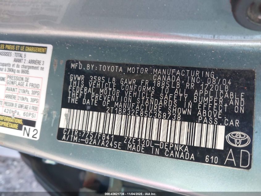 2005 Toyota Corolla Le VIN: 2T1BR32E85C368738 Lot: 43621736