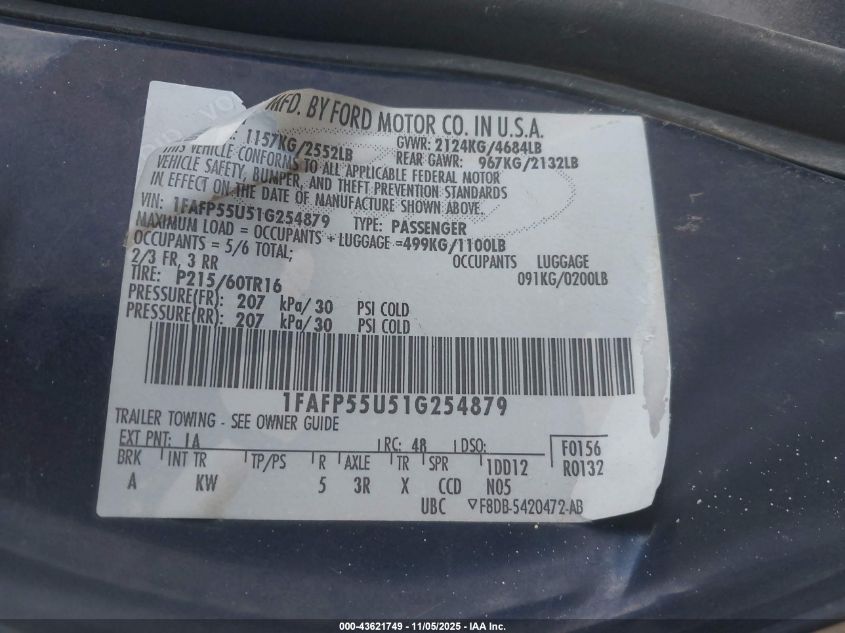 2001 Ford Taurus Ses VIN: 1FAFP55U51G254879 Lot: 43621749