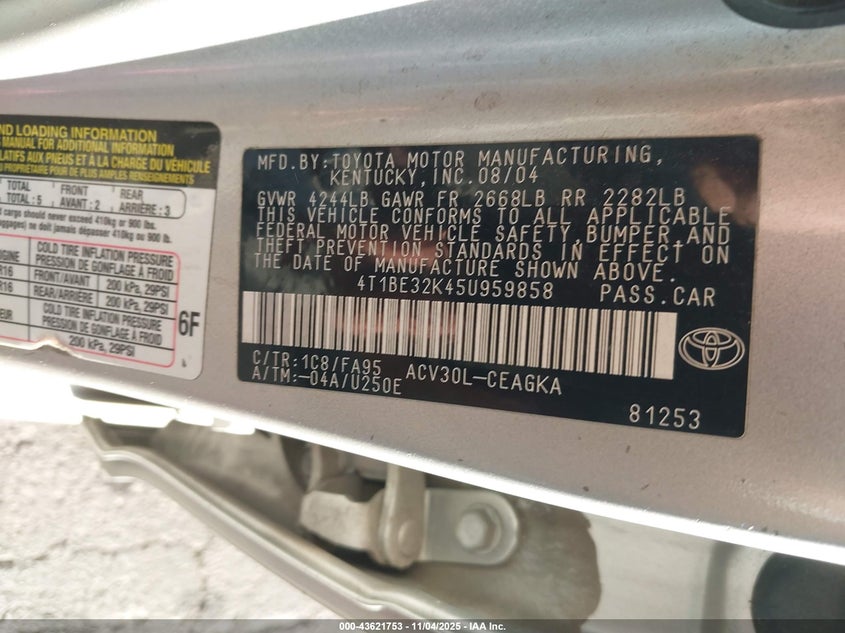 4T1BE32K45U959858 2005 TOYOTA CAMRY photo no. 9